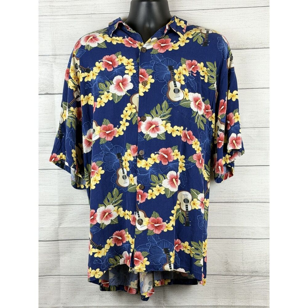 Hilo Hattie Hawaiian Shirt Mens 3XL Blue Floral Ukulele Aloha Button Up - Picture 2 of 11